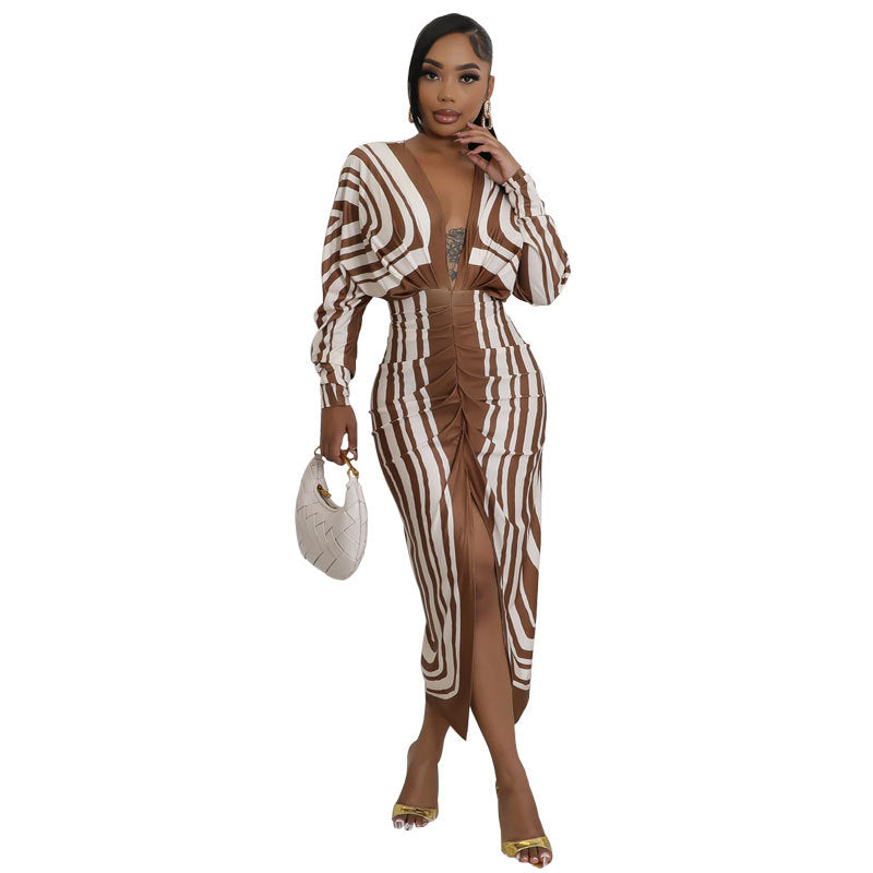 Robe imprimée à manches longues et décolleté en V profond pour femme