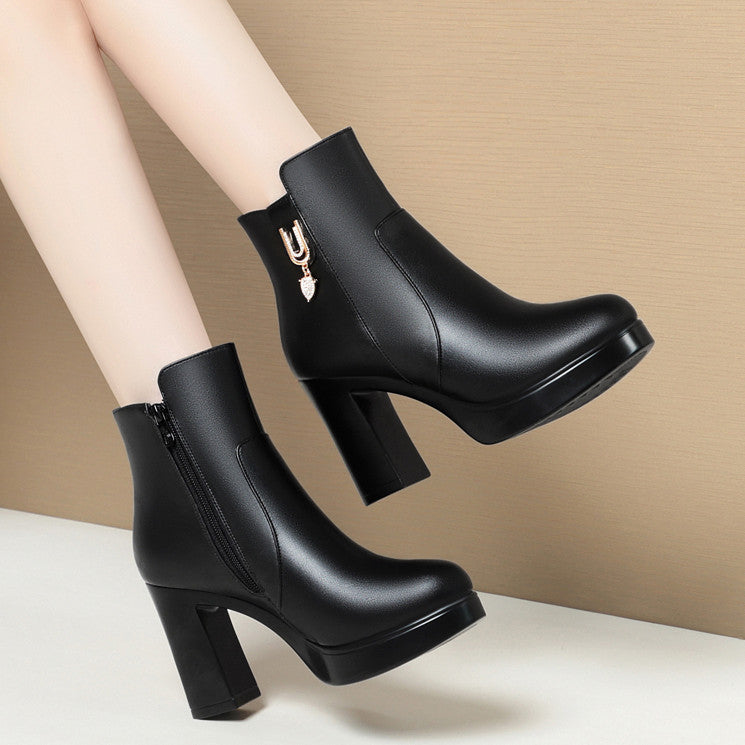 Bottes d'hiver à talons épais pour femmes avec doublure en peluche