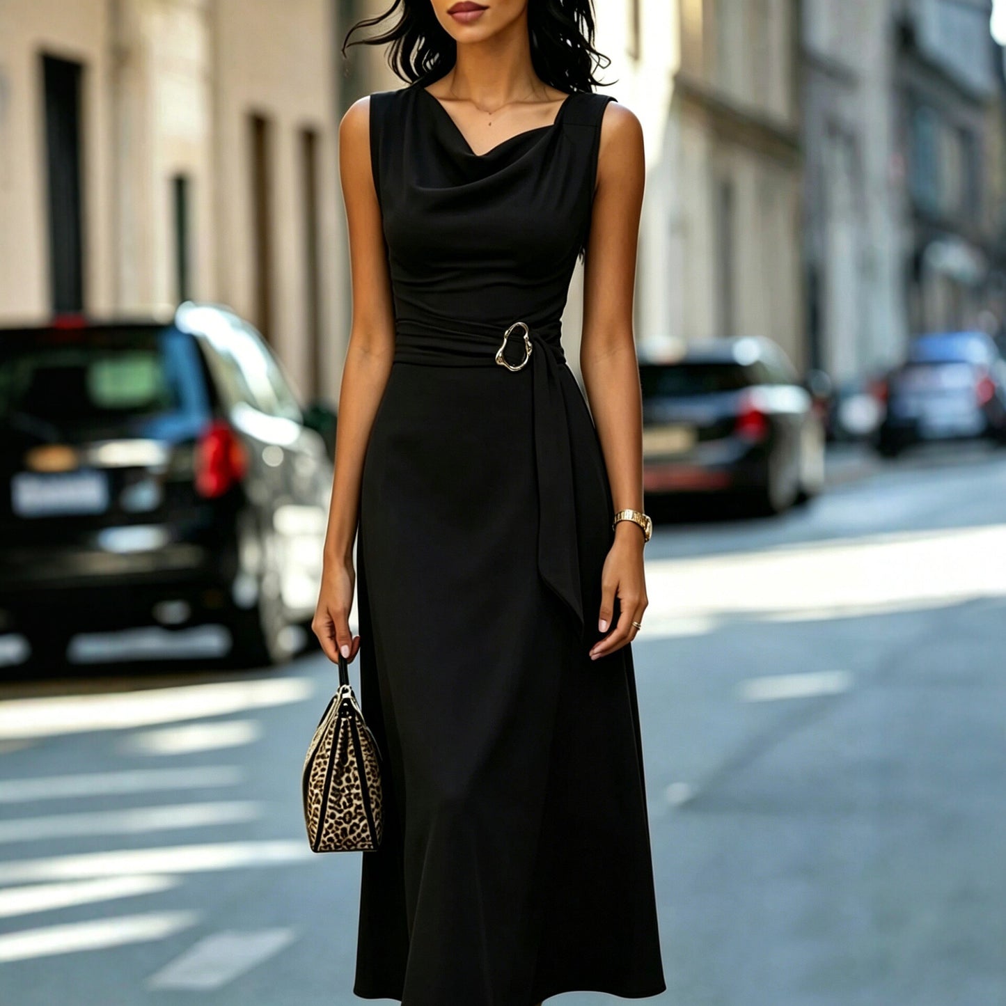 Robe A-ligne élégante à taille nouée asymétrique