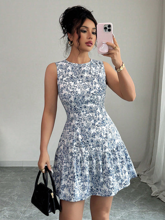 Robe à jupe en couche sans manches à imprimé floral