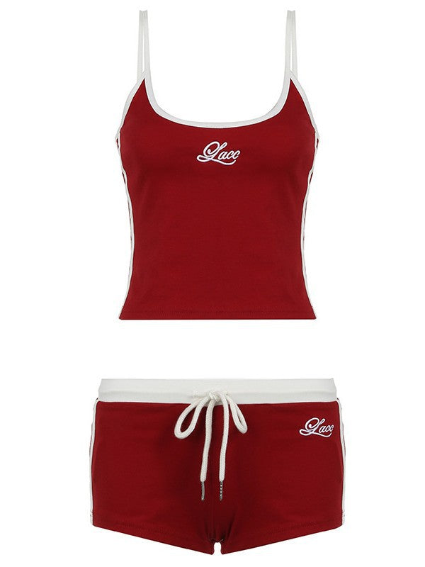 Ensemble short à cordon et haut U-neck brodé pour femmes