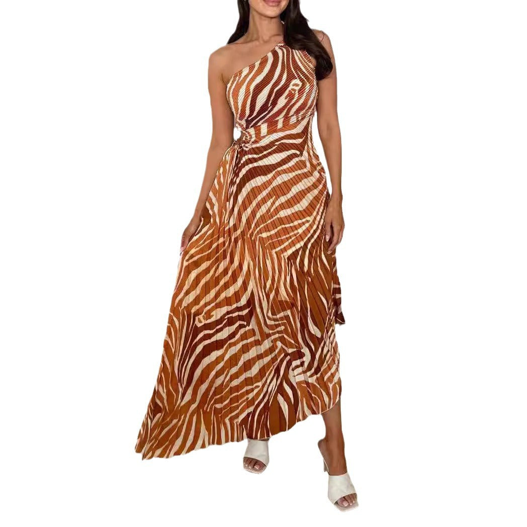 Robe imprimée plissée asymétrique à une épaule