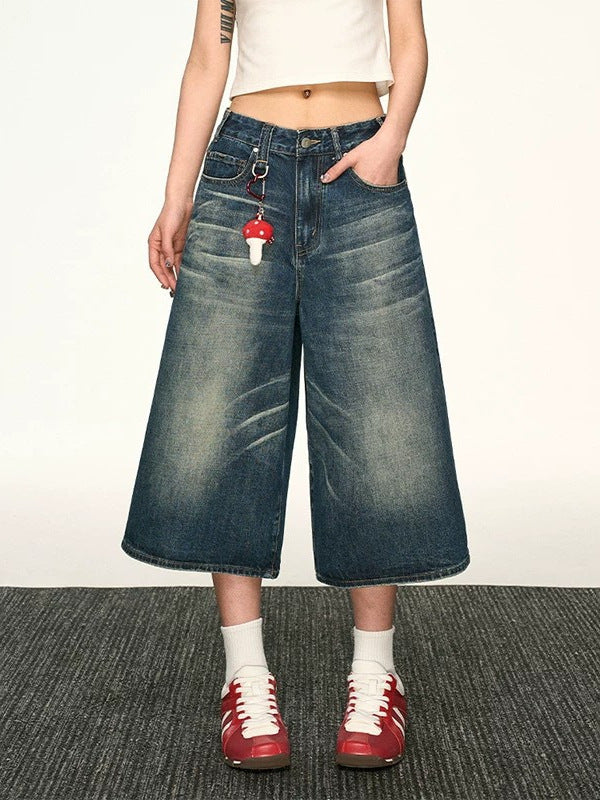 Pantalon court en jean large délavé vintage