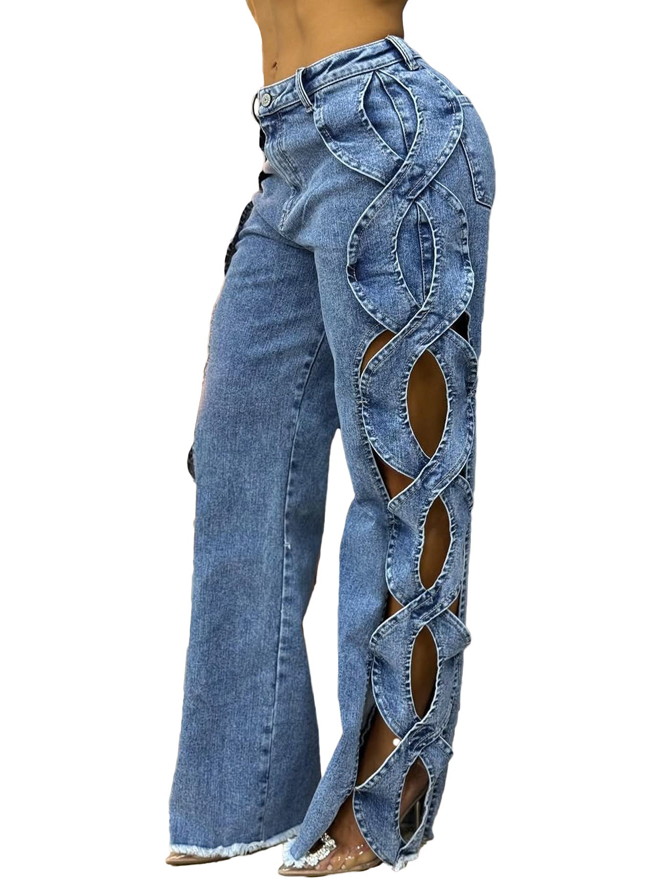 Pantalon en jean à patchwork pour femmes avec découpes
