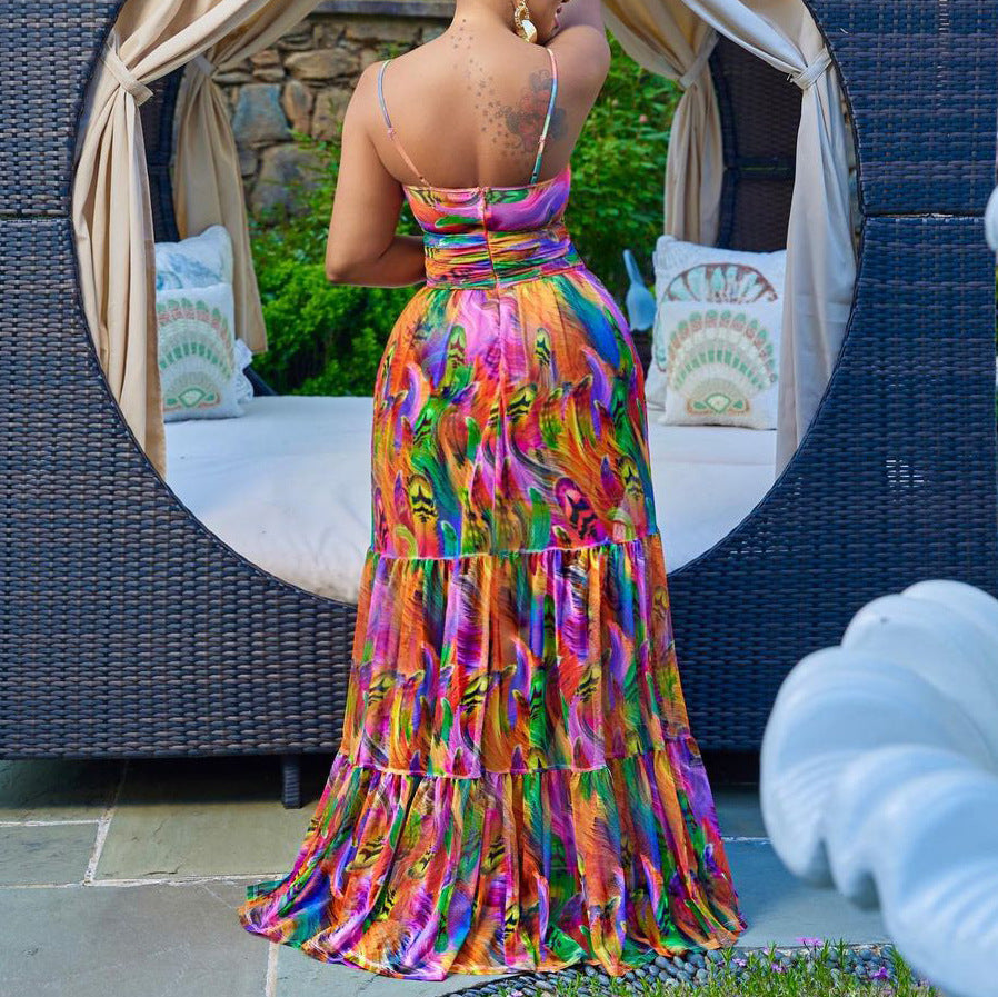 Robe longue dos nu à bretelles imprimées à fleurs