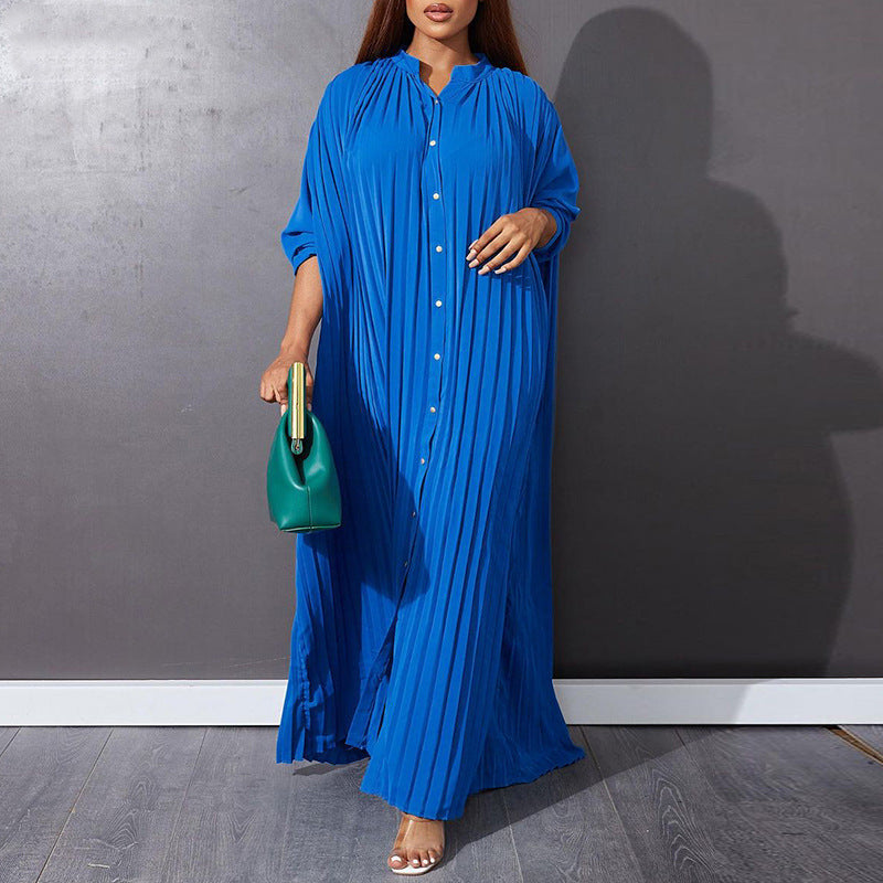 Robe chemise décontractée à manches longues plissée unie boutonnée