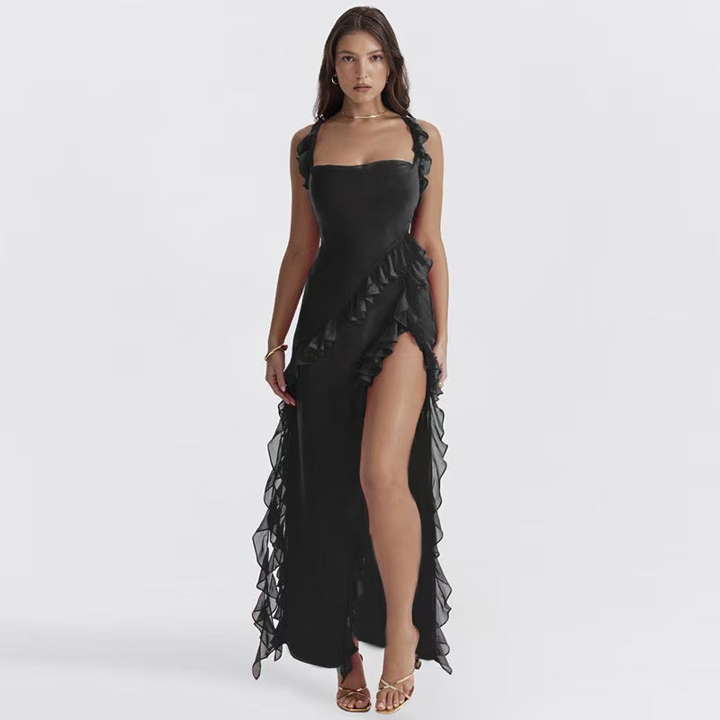 Robe longue fendue à volants sans manches
