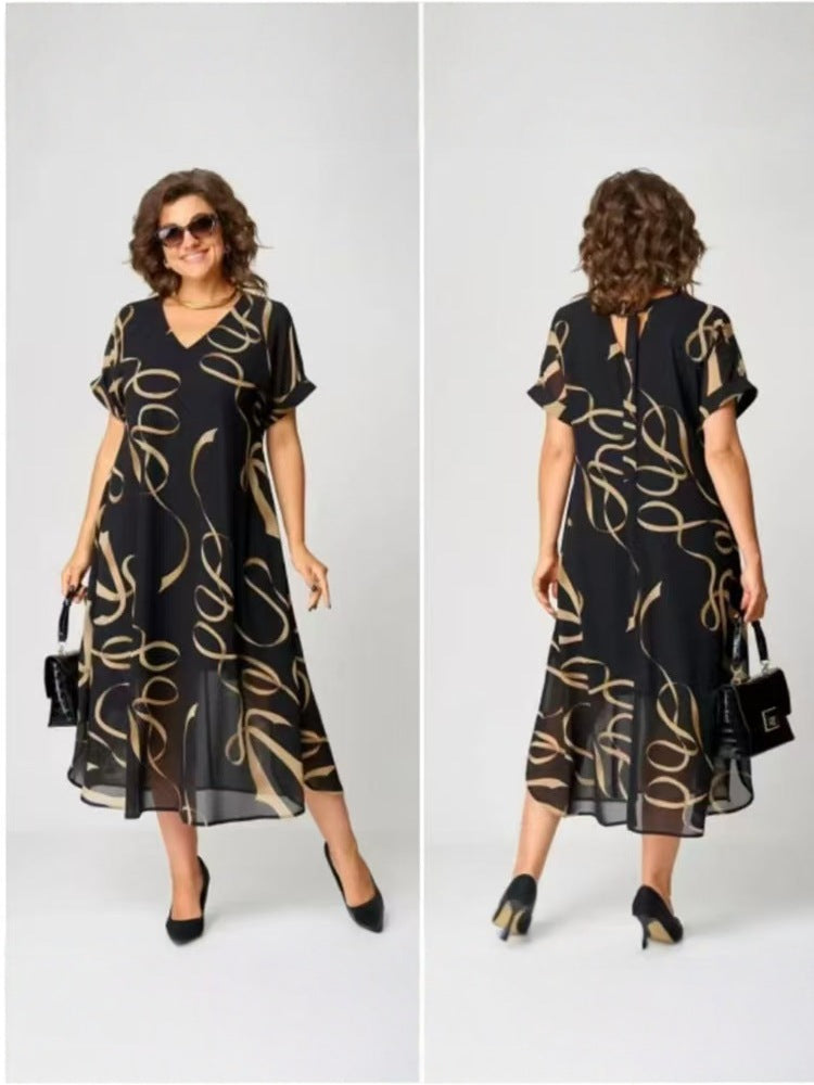 Elegant Abstract Print V-Neck Mid-Length Dress