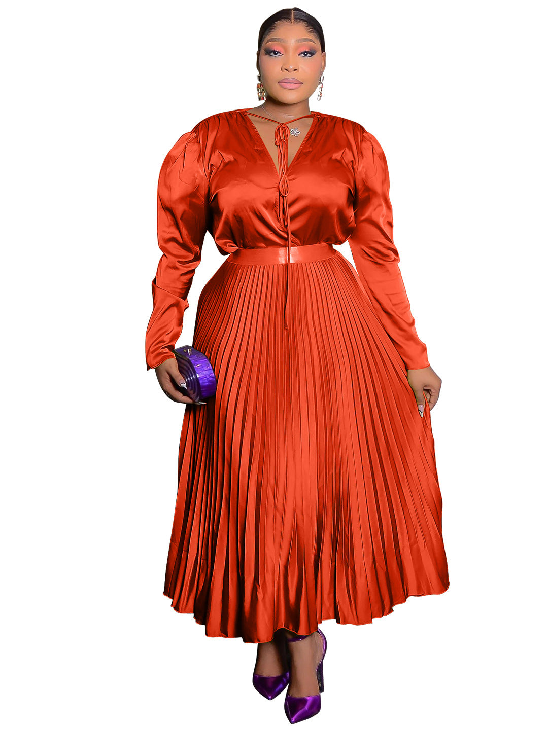 Habit :Ensemble jupe plissée à manches longues pour femme grande taille avec détails lacés