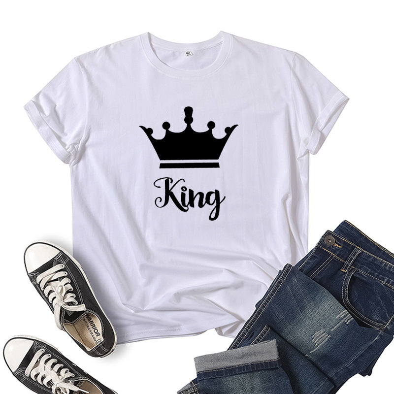 T-shirt en coton imprimé Roi Reine Couronne