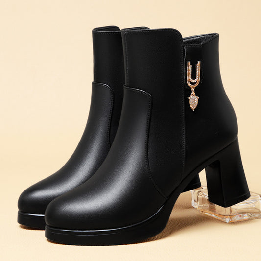 Bottes d'hiver à talons épais pour femmes avec doublure en peluche