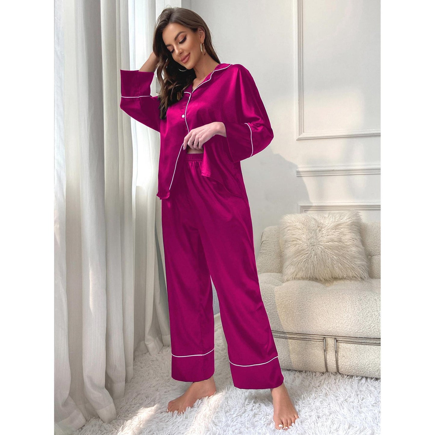 Ensemble de pyjama en soie glacée pour femmes avec manches longues et pantalon