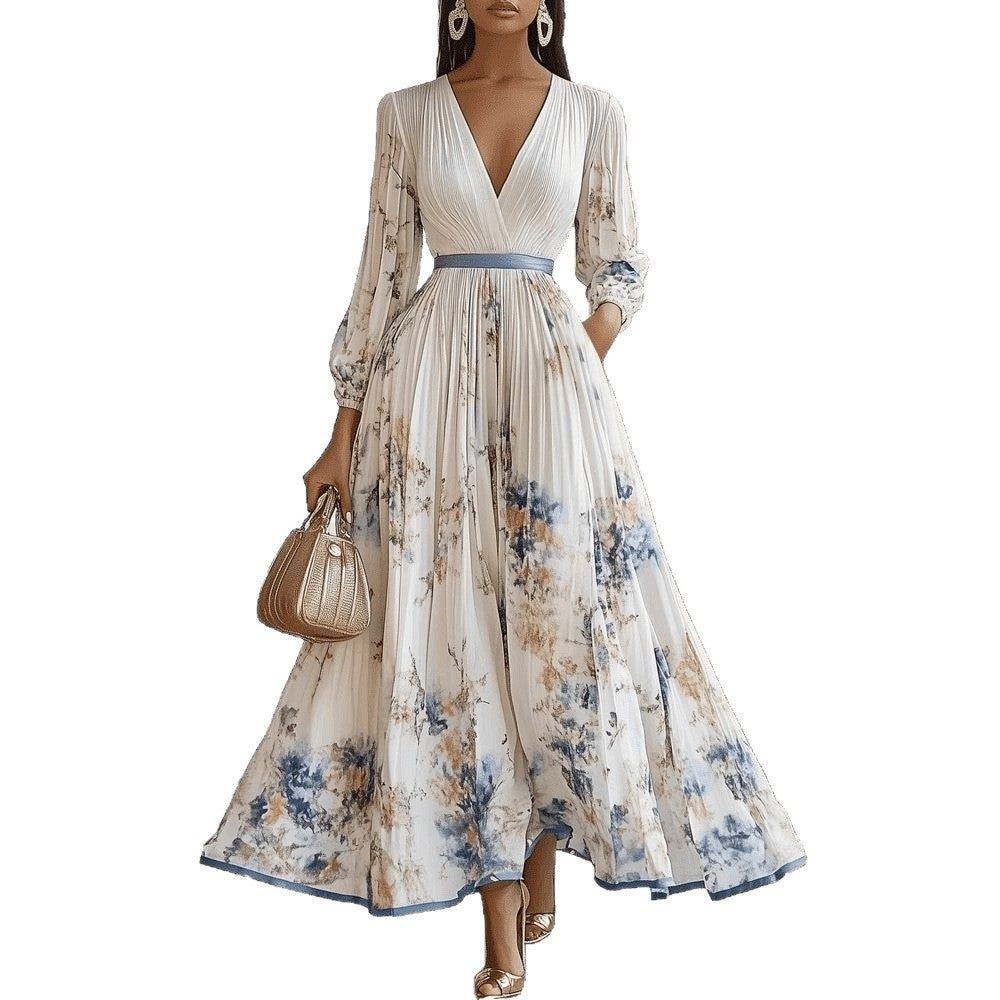 Robe longue à manches longues pour femmes avec col en V et plis