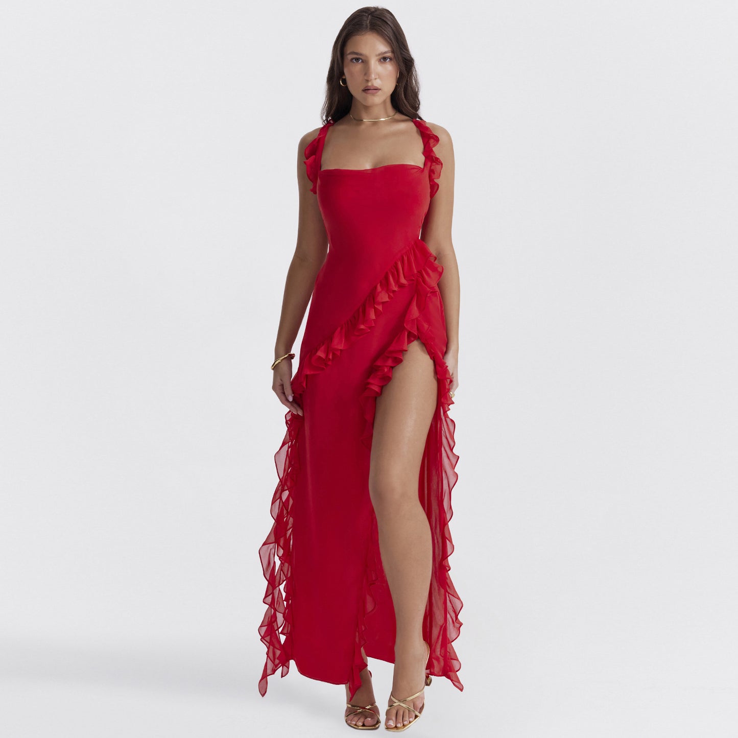 Robe longue fendue à volants sans manches