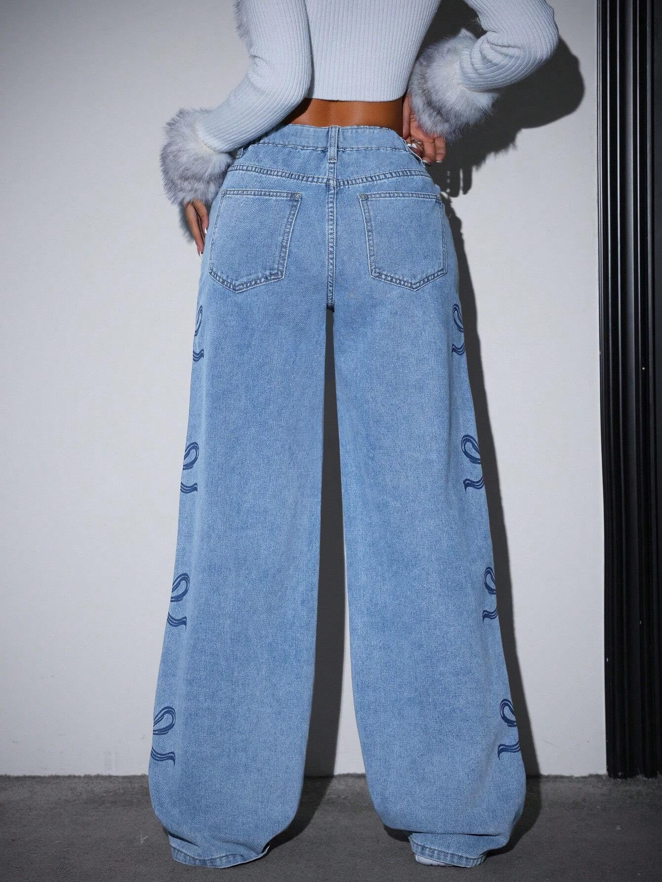 Jean large en denim délavé taille haute avec nœud