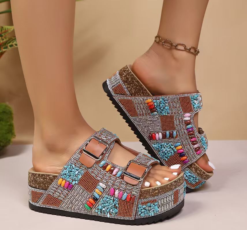 Sandales de plage à semelle épaisse avec boucle en strass