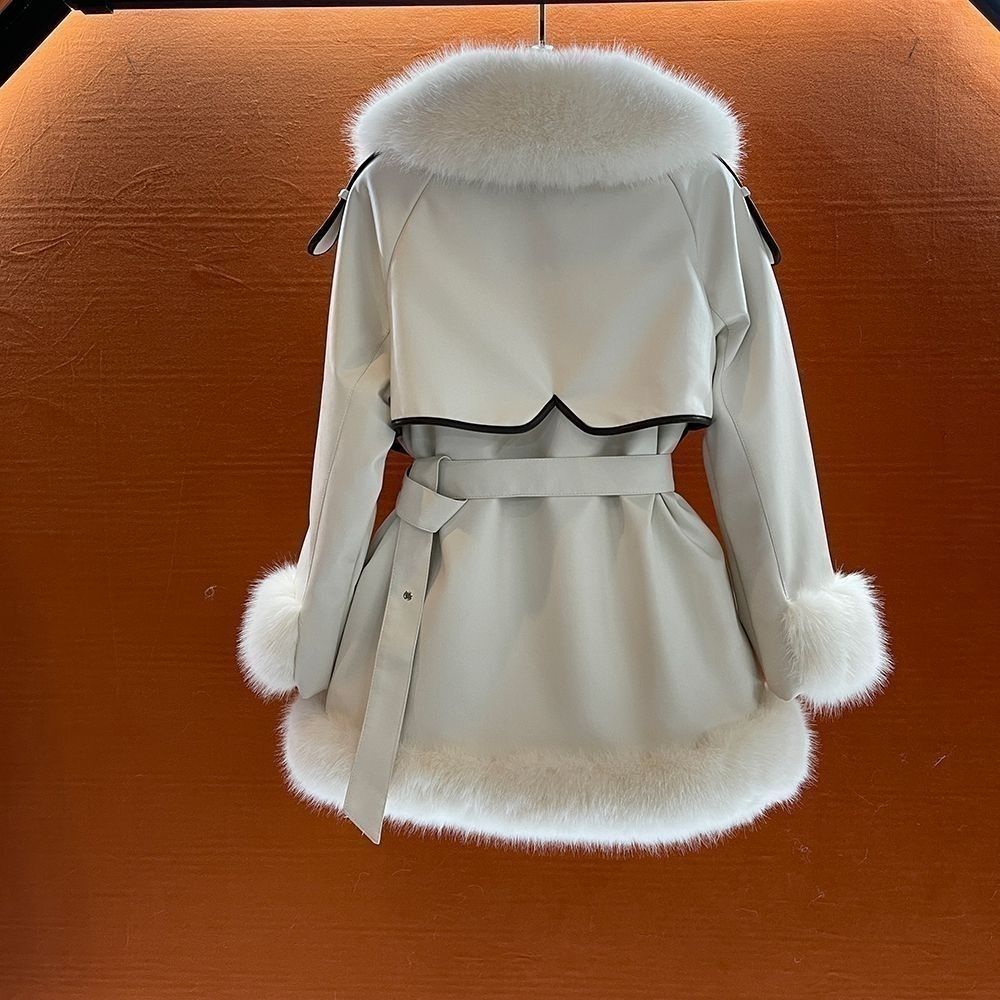 Manteau en fourrure mi-long pour femmes avec grand col en fourrure et ceinture