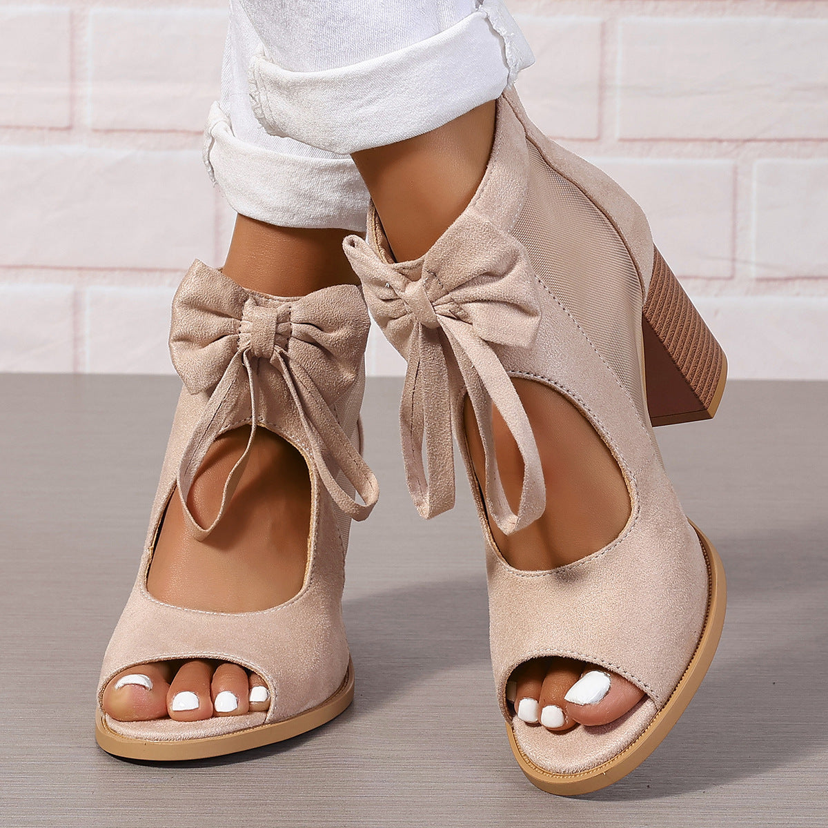 Sandales à talons compensés pour femmes avec nœud, en daim, à talons hauts et ajourées