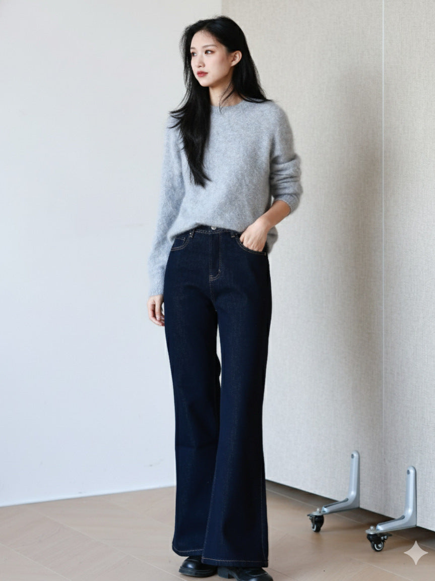 Jean bootcut en denim doublé en polaire, pantalon stretch taille haute