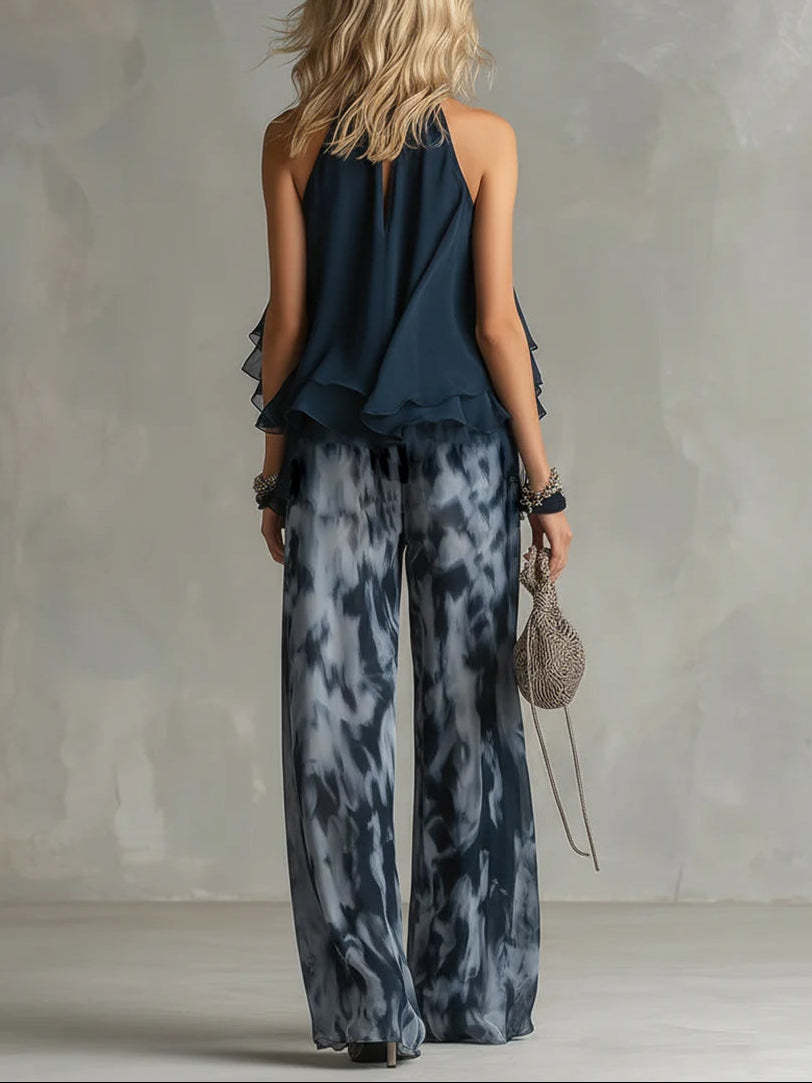 Ensemble haut sans manches à col licou et pantalon large imprimé