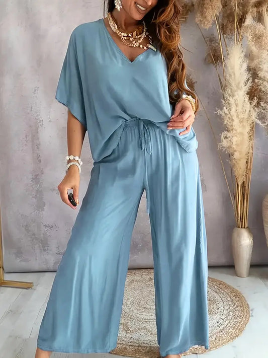 Ensemble pour femmes : haut à col en V à manches chauve-souris et pantalon large