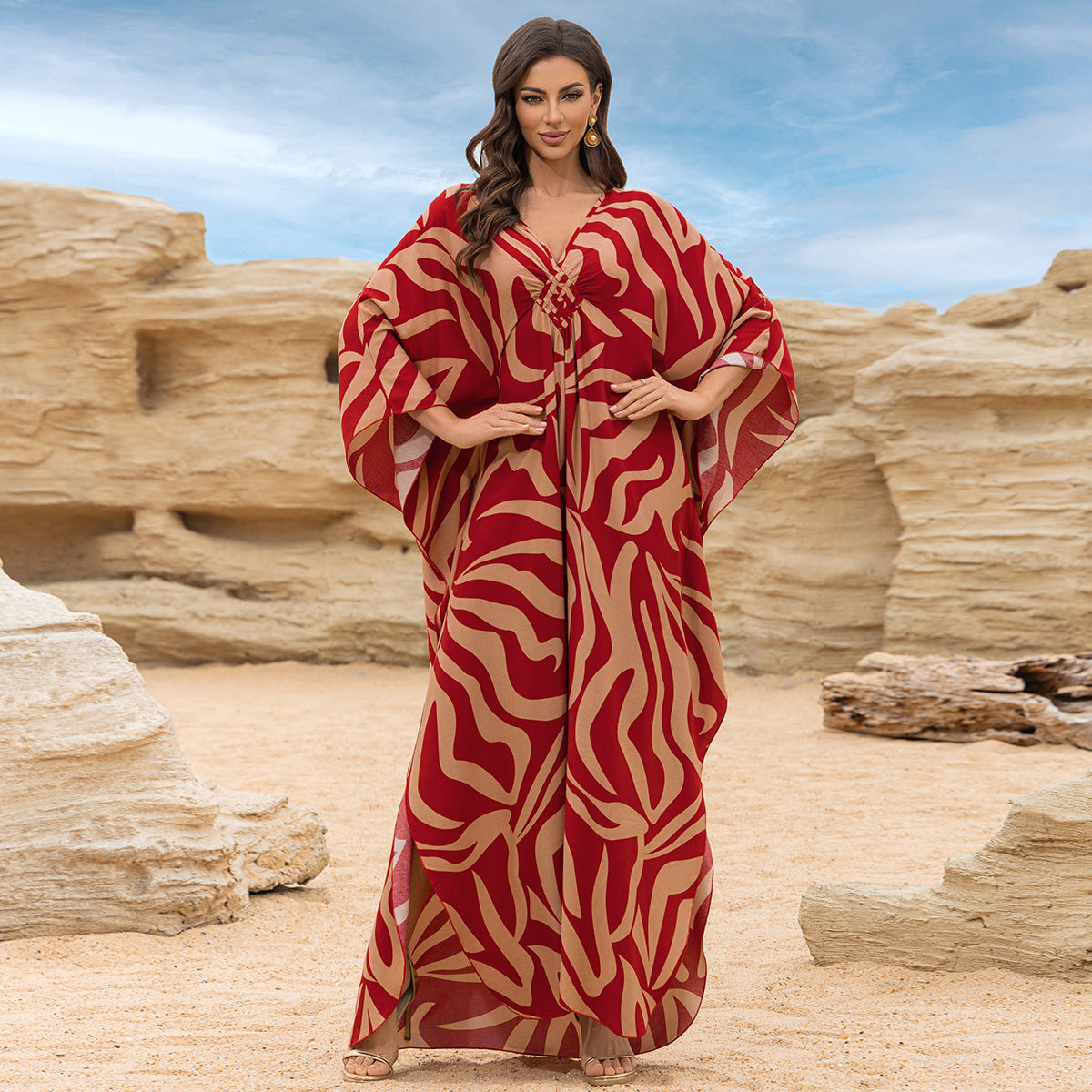 Robe longue de plage imprimée en coton pour femme, robe longue ample, paréo, vêtement de protection solaire