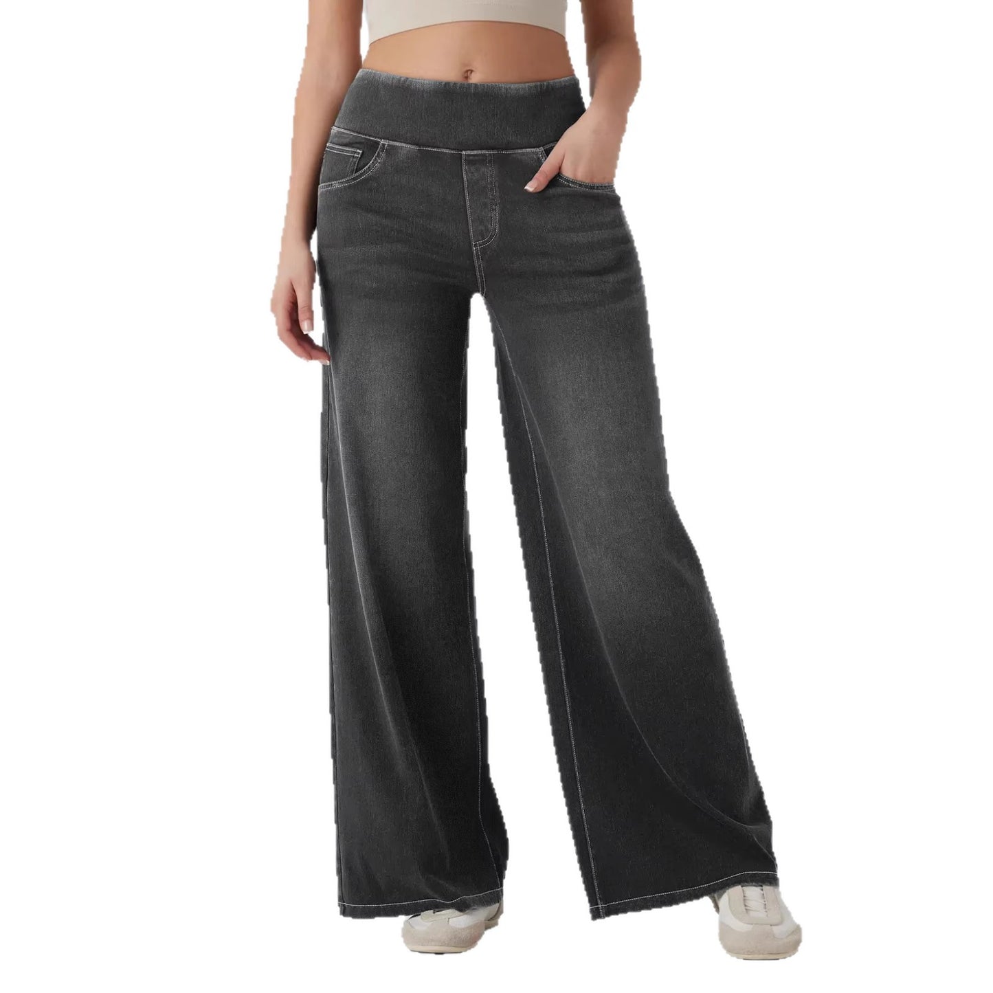 Pantalon en jean femme taille haute à jambes larges et élastique