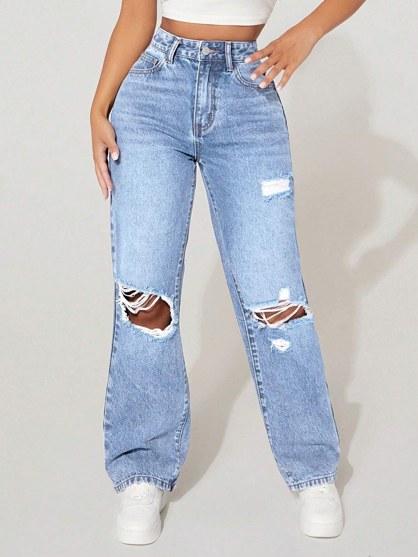Pantalon en jean droit taille haute pour femmes