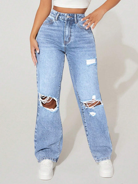 Pantalon en jean droit taille haute pour femmes