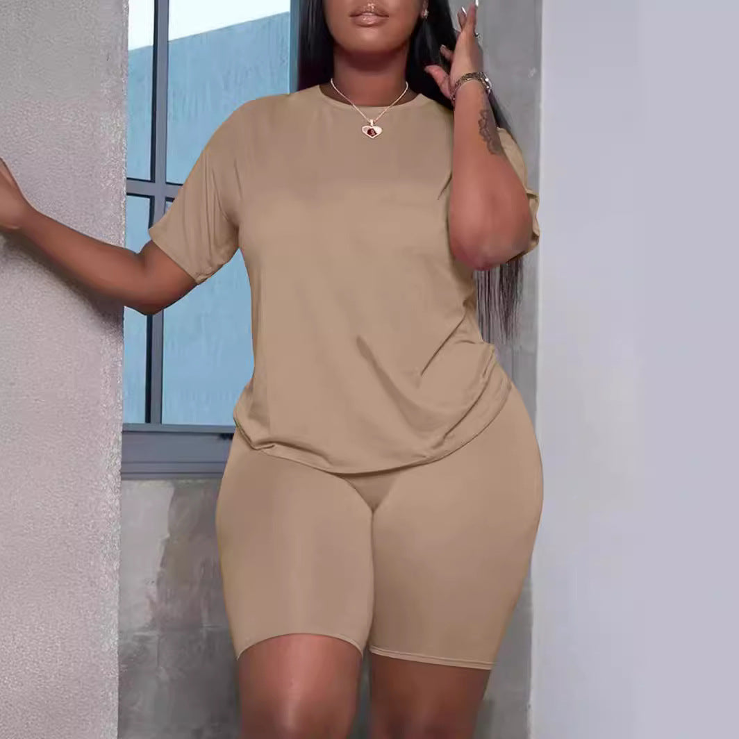 Ensemble deux pieces de t-shirts decontractes unis pour femmes