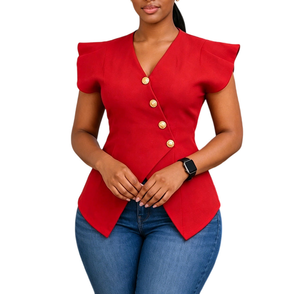 Blouse pour femmes à col en V avec manches à volants
