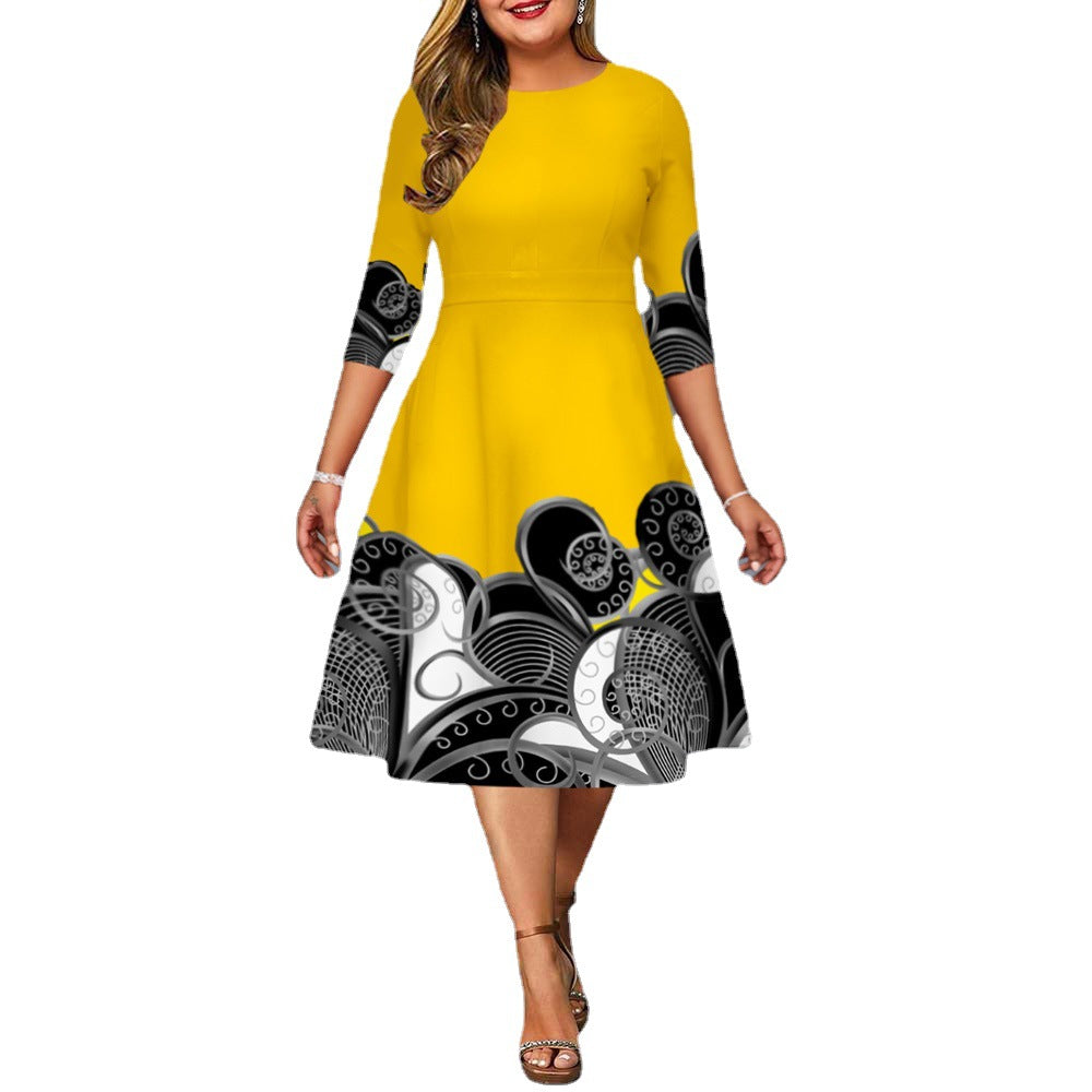 Robe longue à manches longues et longueur mi-longue pour femme, grandes tailles, imprimé floral