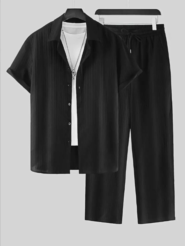 Chemise à manches courtes rayée pour hommes et pantalon ensemble décontracté