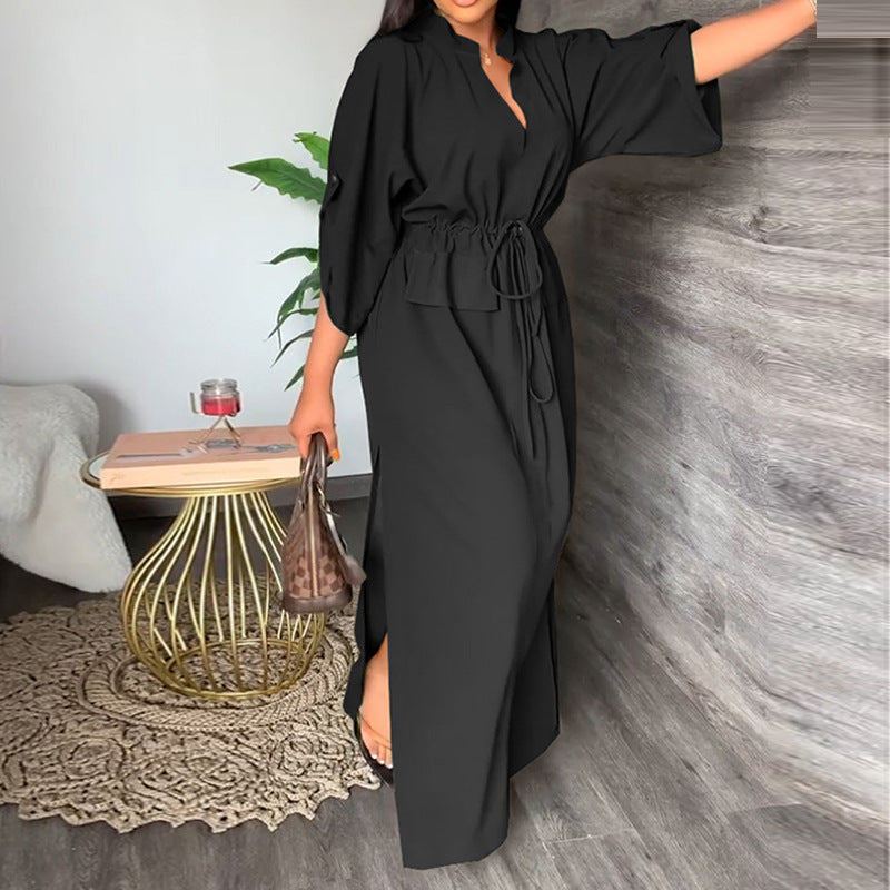 Robe longue élégante avec liens et manches chauve-souris