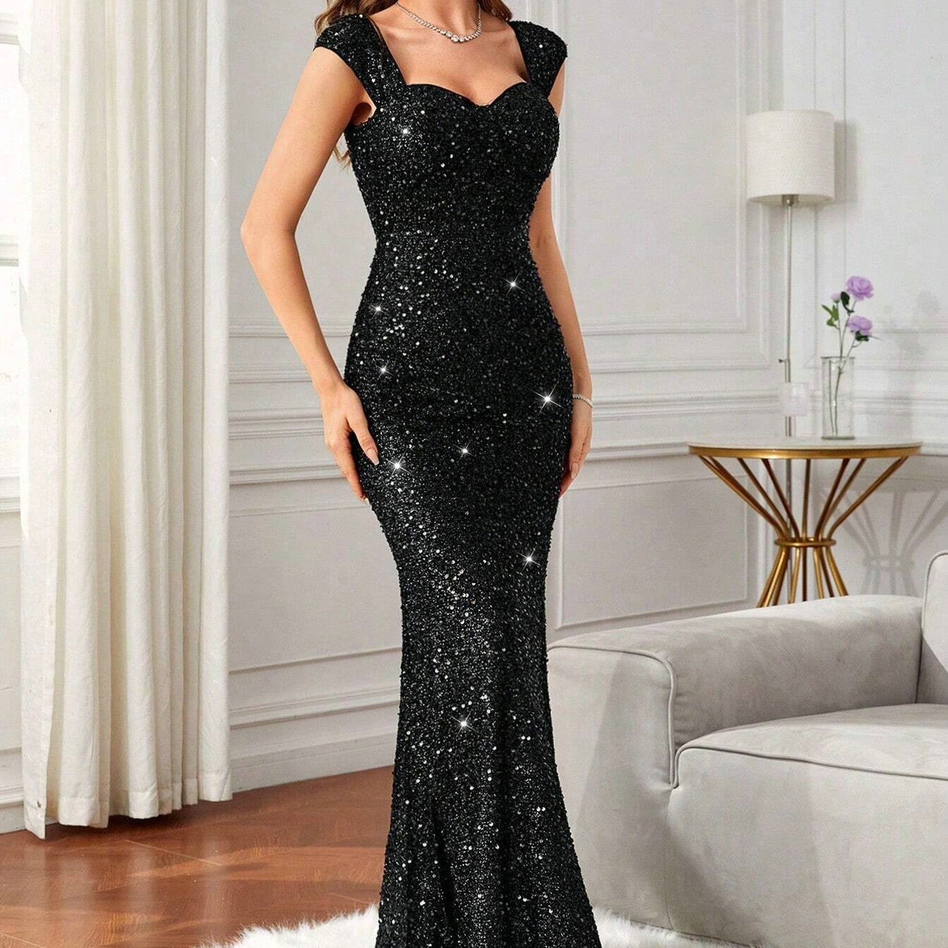Robe de soiree sirene elegante a sequins