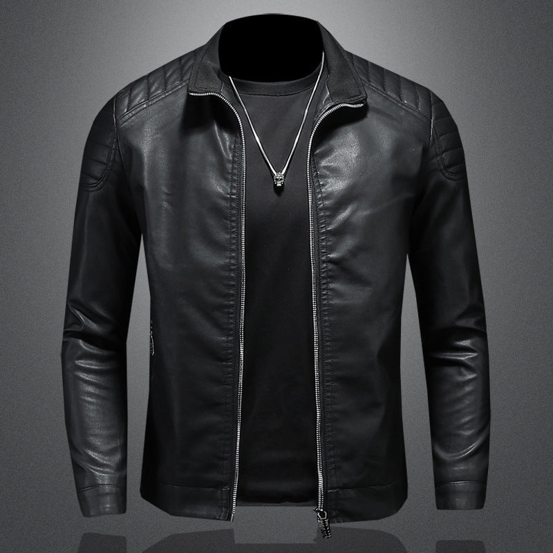 Veste en cuir PU pour homme, coupe slim, col montant, manteau zippé