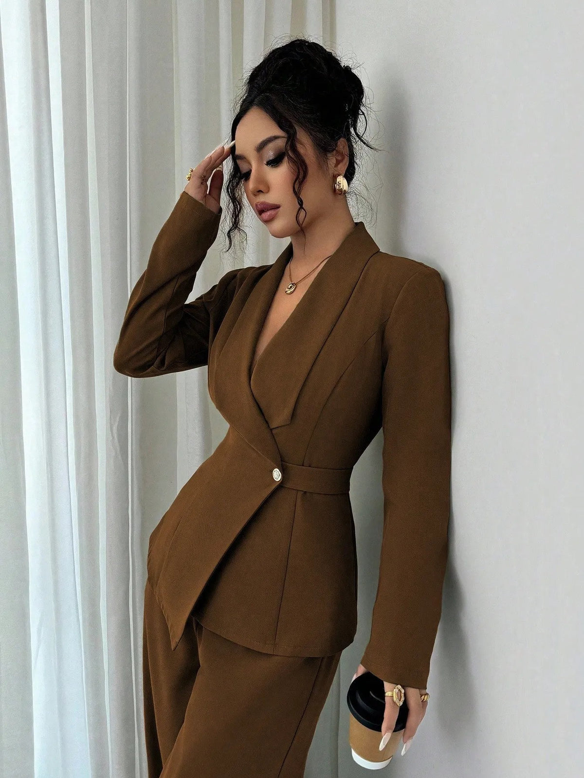 Ensemble deux pièces pour femme : veste longue à col en V et pantalon à jambes larges