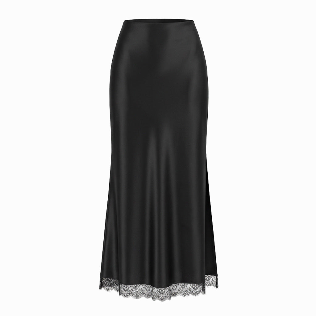 Jupe Midi en Satin avec Fente Latérale et Ourlet en Dentelle
