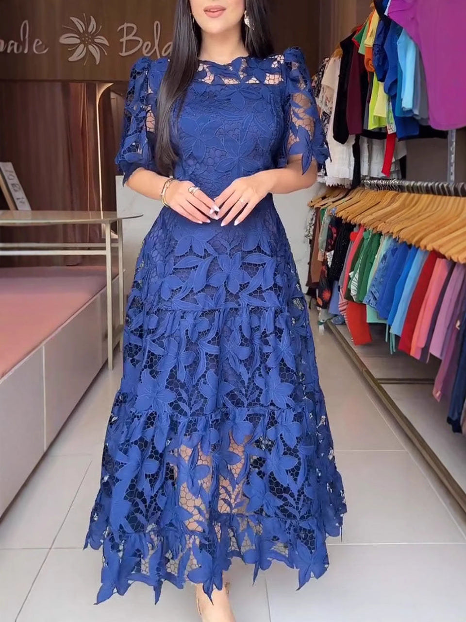 Robe d'été à dentelle ajourée, col rond, taille mi-haute