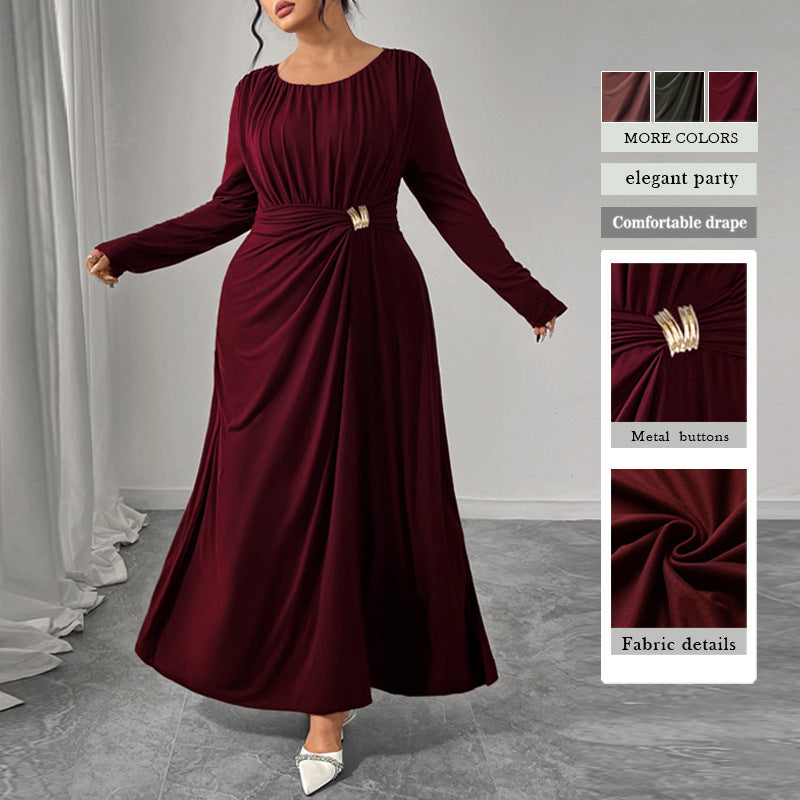 Robe longue à col V et manches bouffantes pour femme
