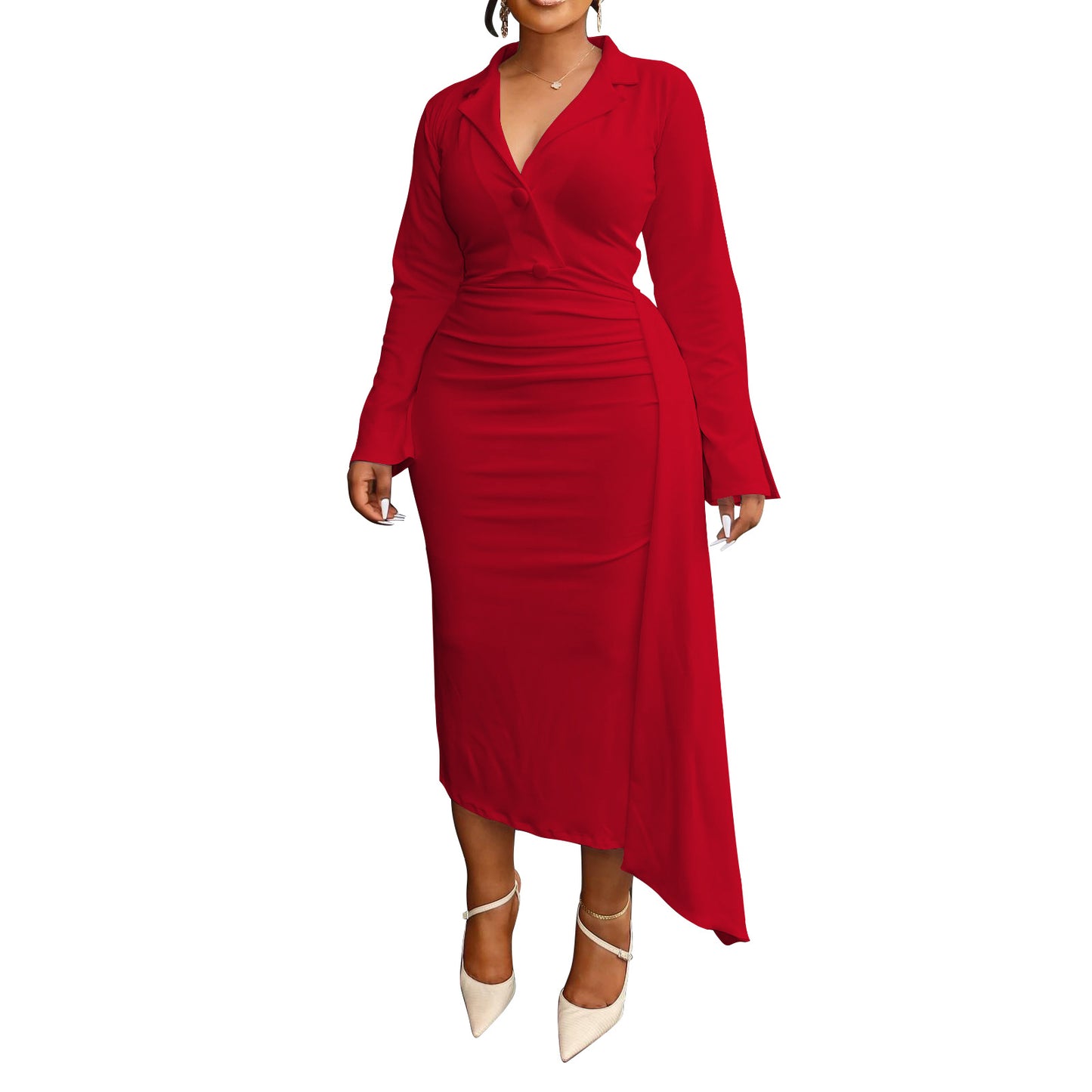 Habit :Robe plissée à col en V pour femme