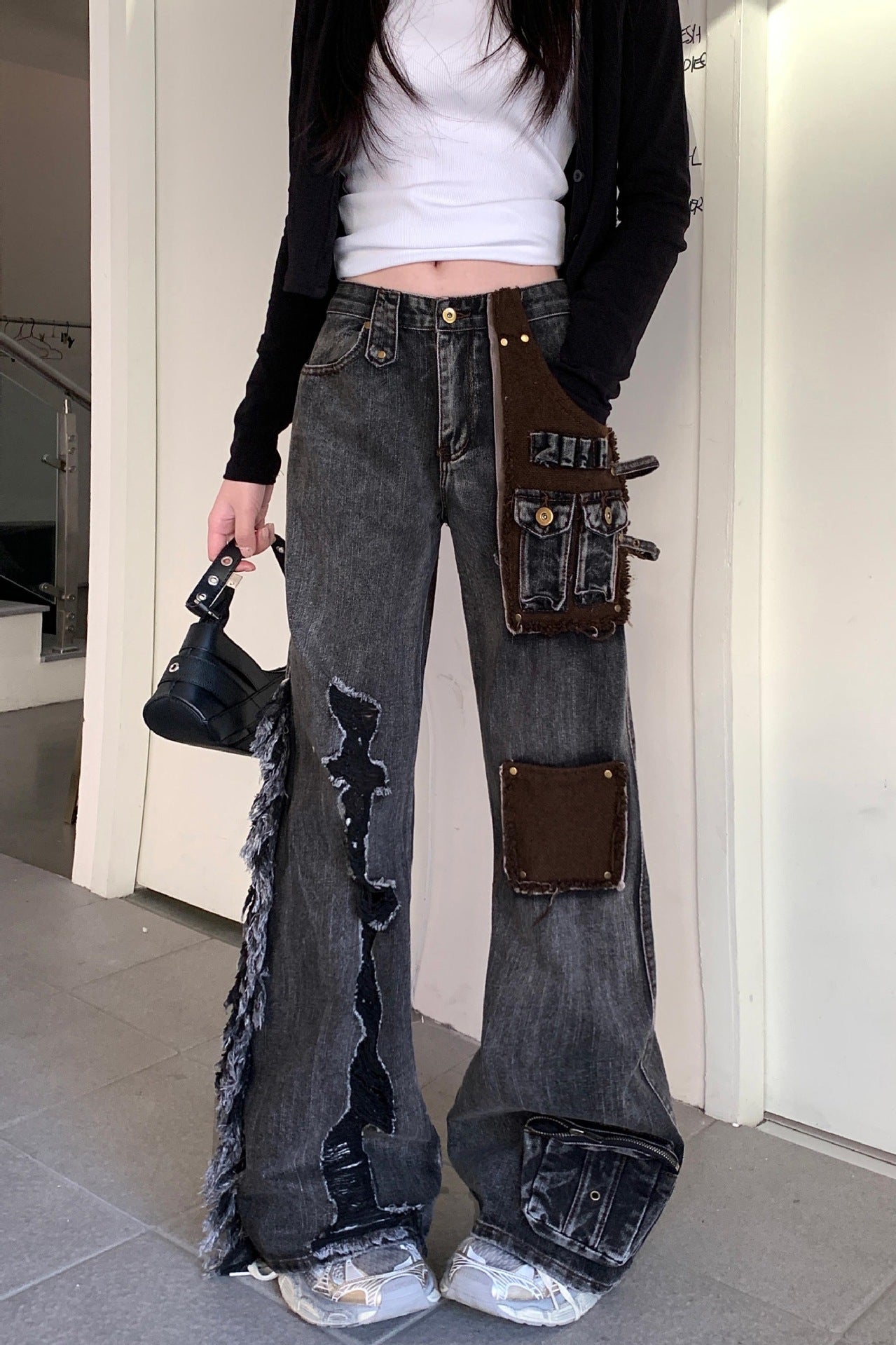 Pantalon en denim à patchs lavé