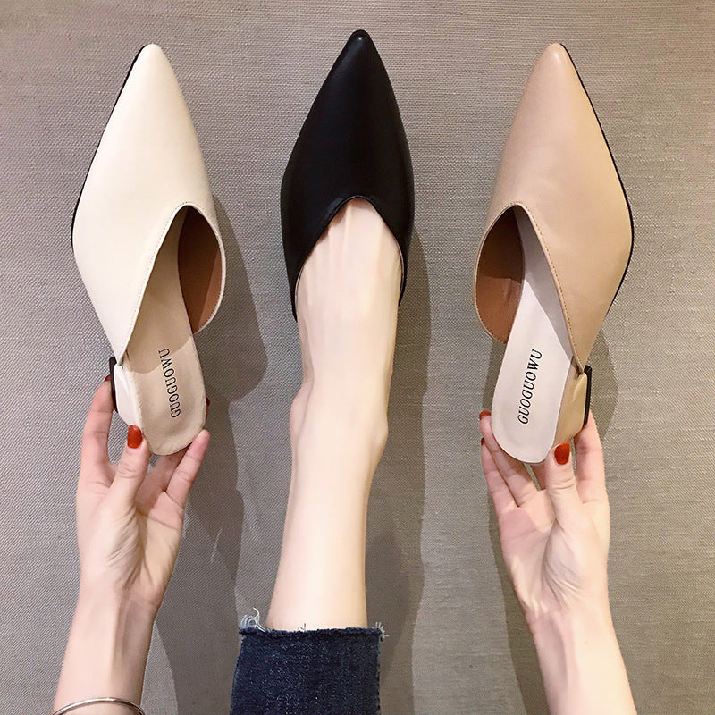 Chaussures :Pantoufles à talons hauts, talons épais, bout pointu, baotou, chaussures d'extérieur, demi-chaussons