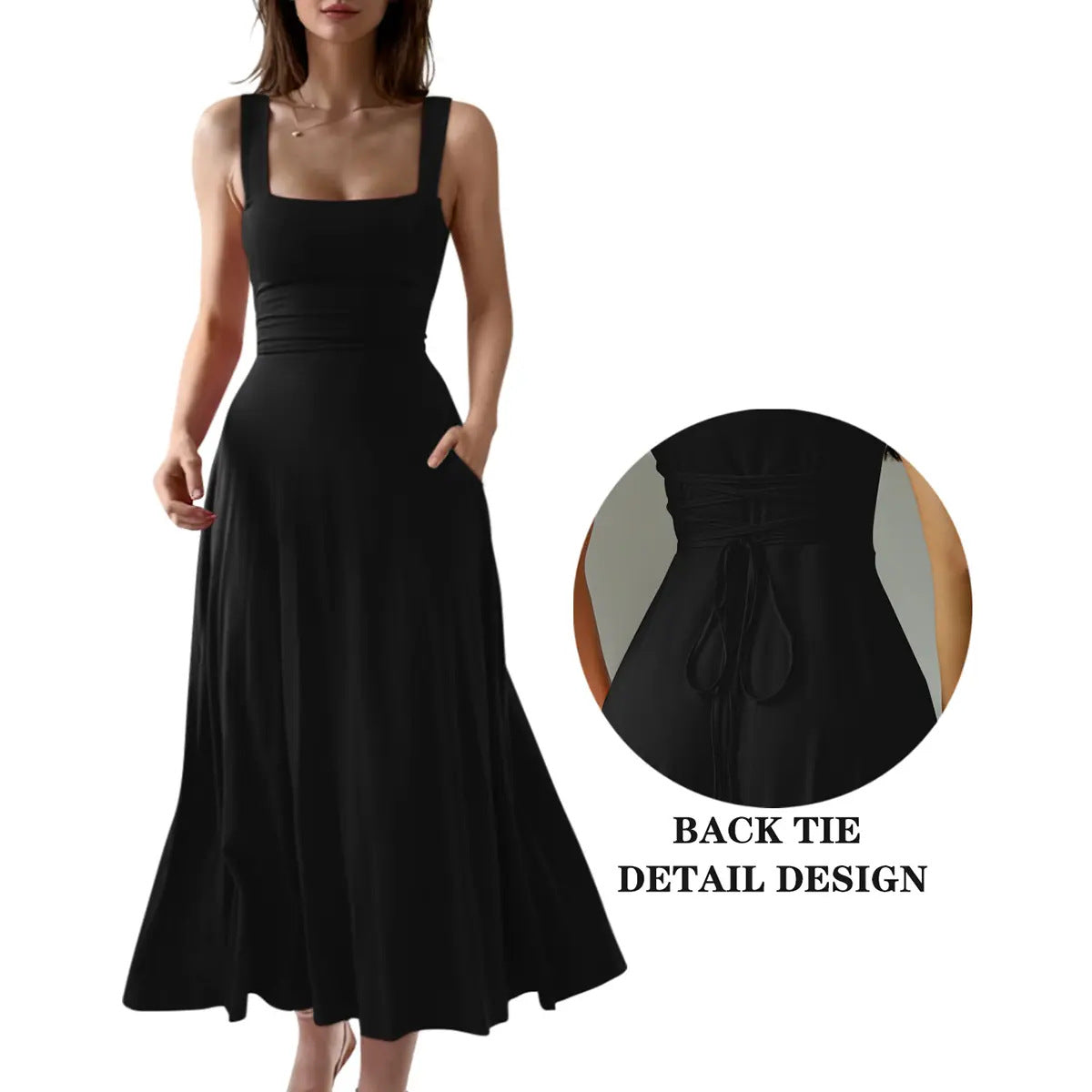 Robe longue élégante à bretelles épaisses et col carré
