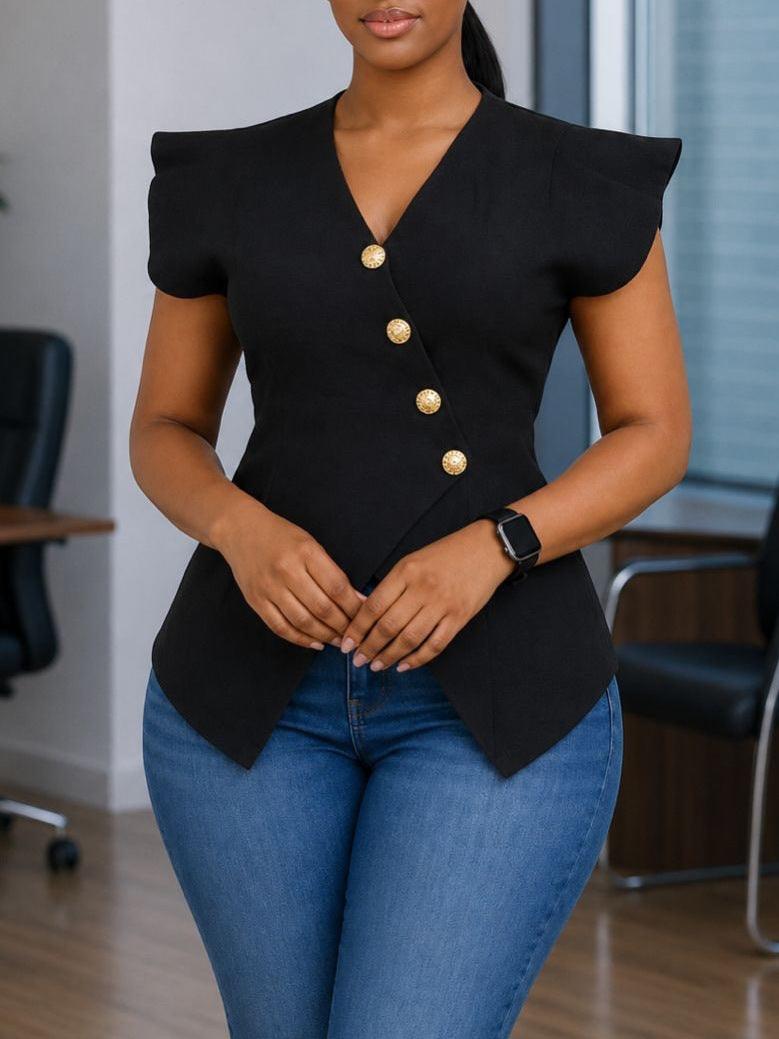 Blouse pour femmes à col en V avec manches à volants