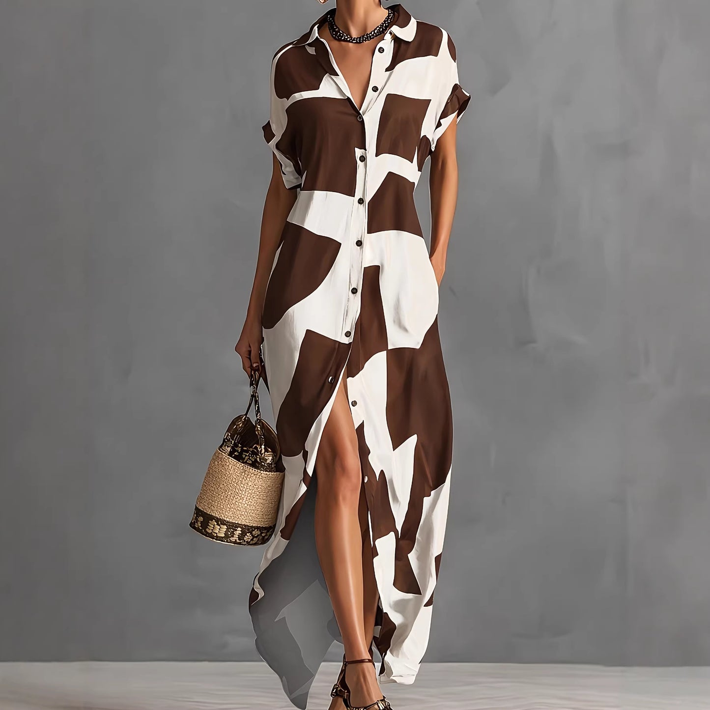 Robe chemise pour femmes à manches courtes avec col et imprimé géométrique