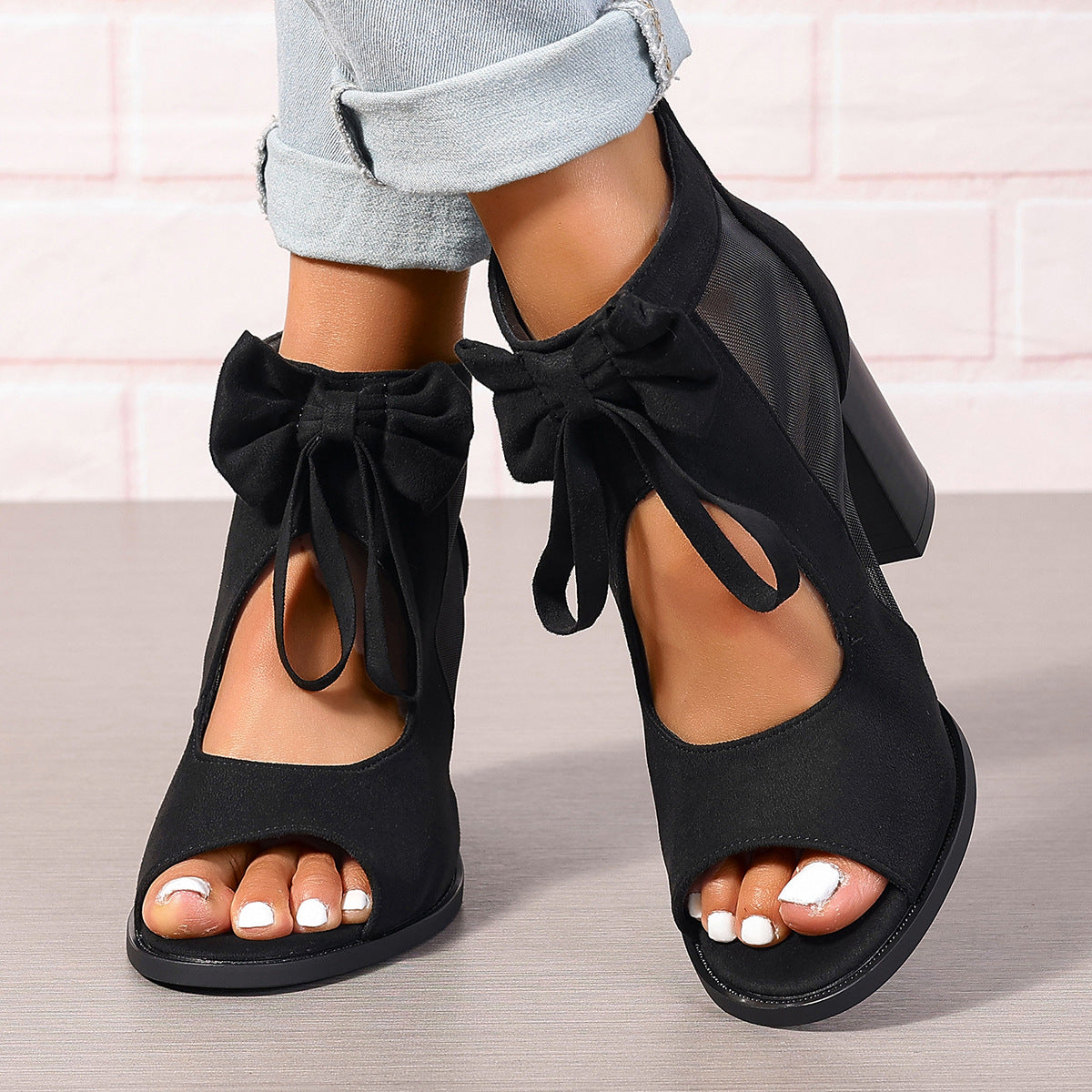Sandales à talons compensés pour femmes avec nœud, en daim, à talons hauts et ajourées
