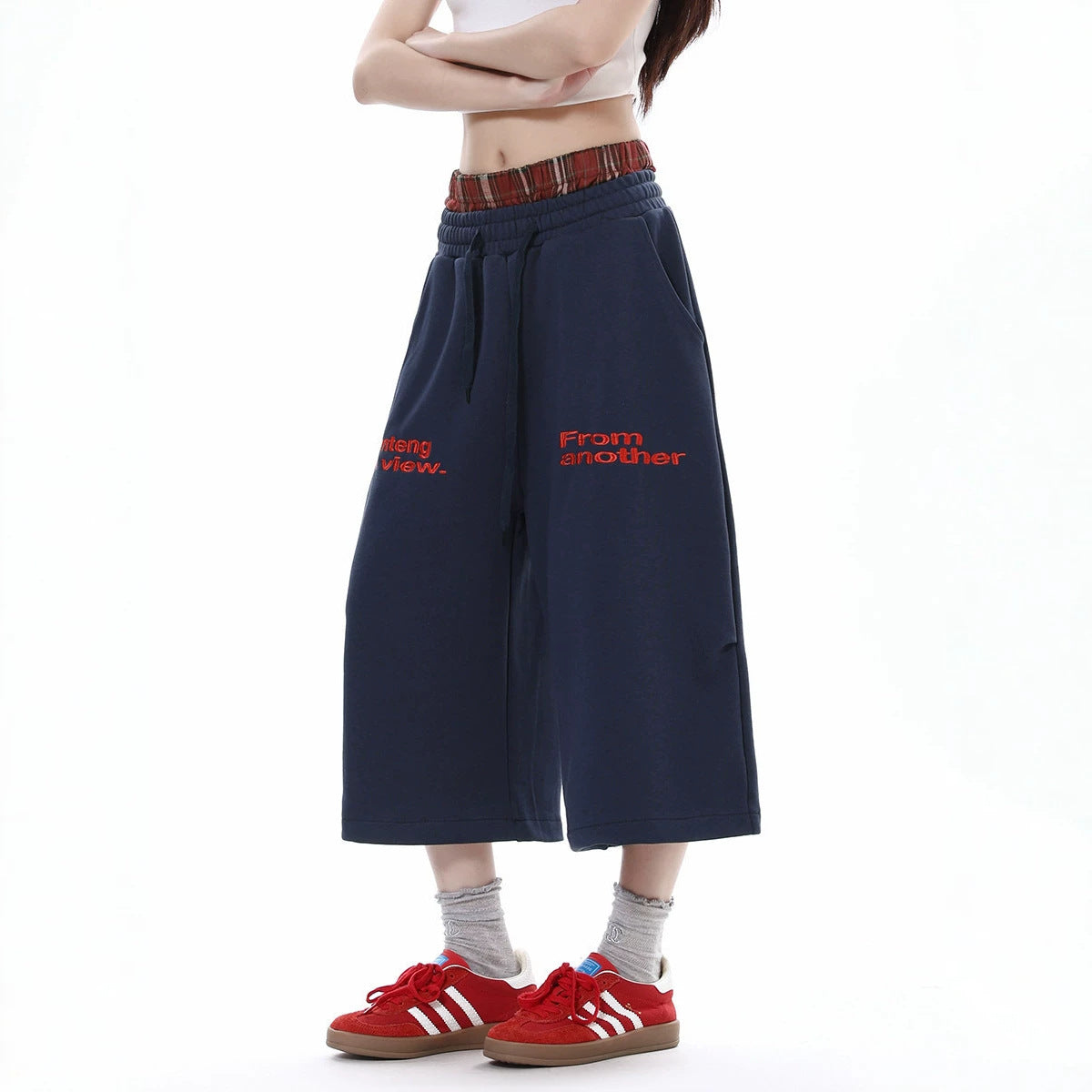 Pantalon court décontracté à carreaux patchwork et double taille