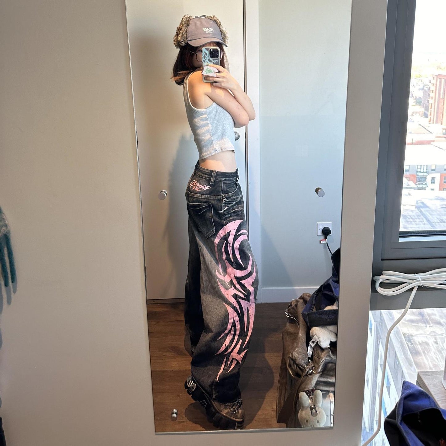 Pantalon en jean à jambes larges imprimé rétro