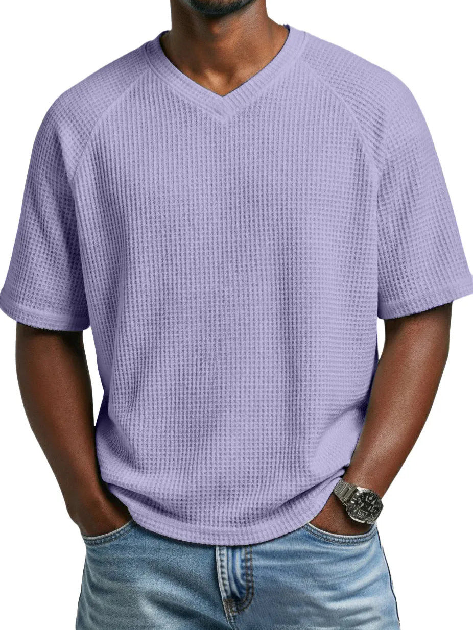 T-shirt pour hommes à col en V, manches courtes, tricoté et tendance